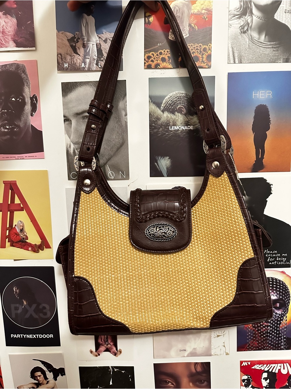 Bueno Brown Faux-Leather & Natural Straw Shoulder Bag